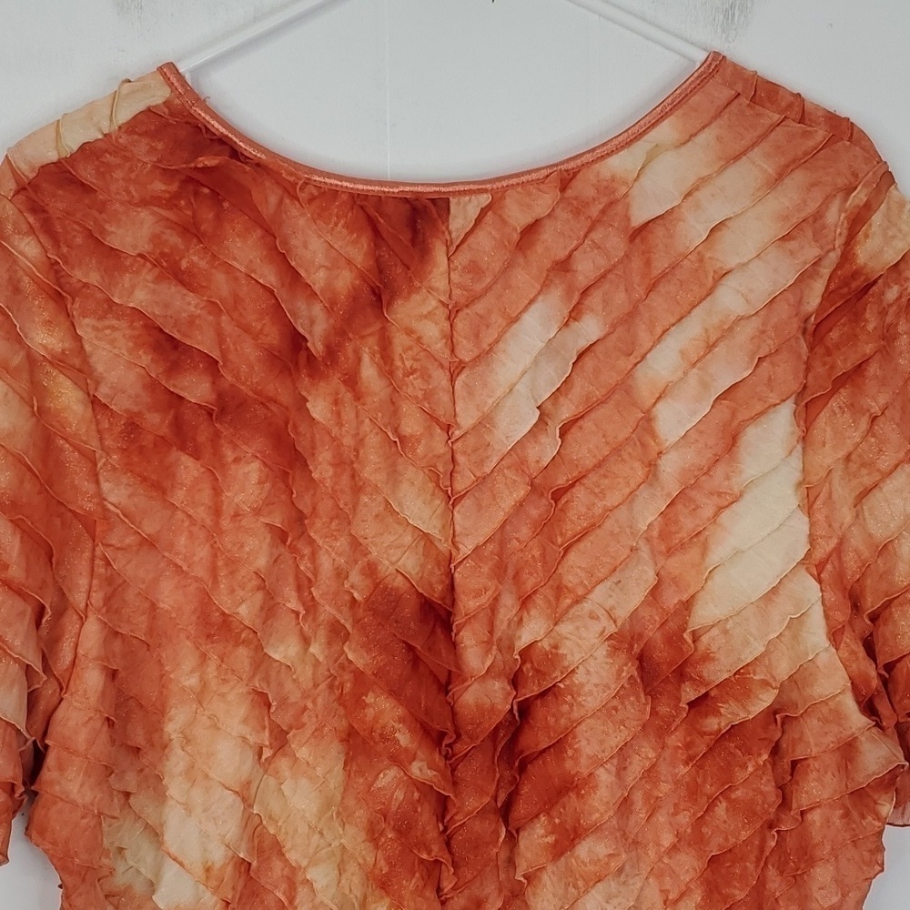 Vintage Short Sleeve Blouse Ruffles Bright Fairy Orange High V Neck Womens 2X - Picture 9 of 11